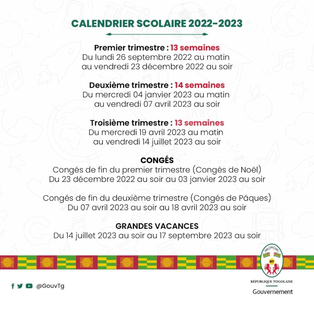 Togo : Voici le calendrier complet de l'année scolaire 2022-2023