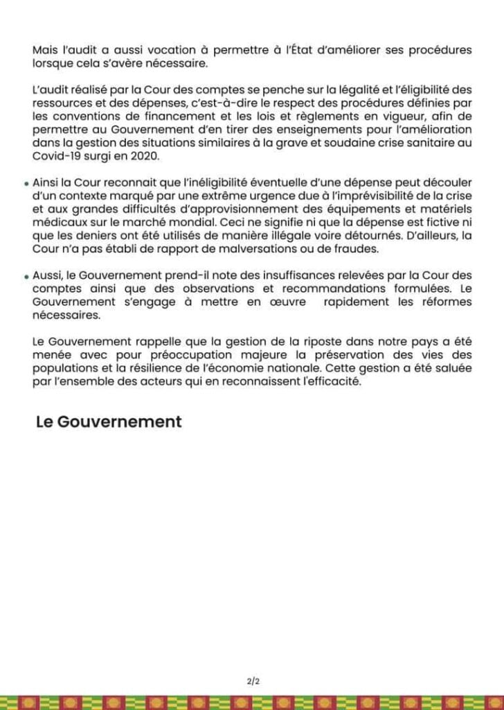 Gestion des fonds Covid-19 : Le gouvernement réagit officiellement suite au rapport