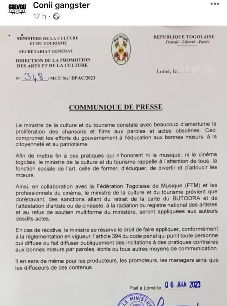 Conii Gangster réagit au communiqué du Ministre de la Culture 1 WhatsApp Image 2023 06 08 at 08.10.51