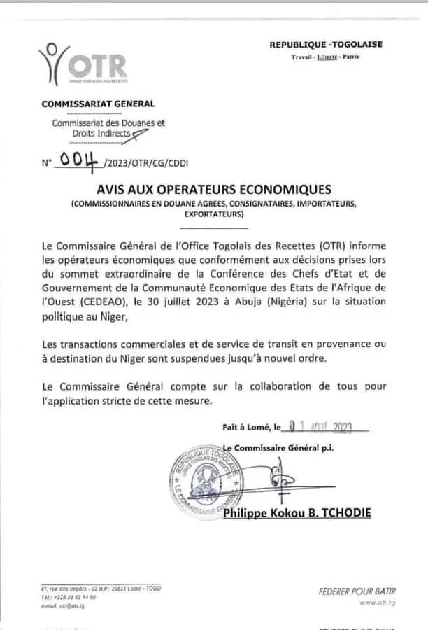 L'OTR suspend les transactions commerciales entre le Togo et le Niger