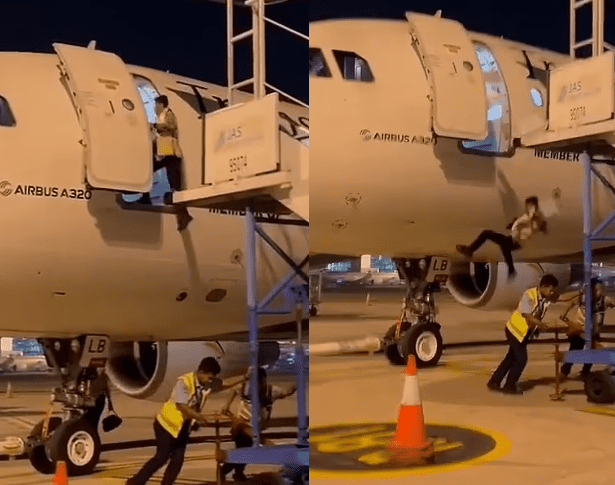 Vidéo : Un travailleur chute de plusieurs mètres d'un avion après que...