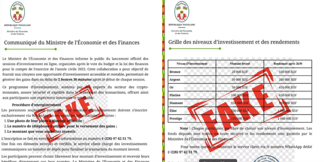 Togo : Le ministère de l'Économie met en garde contre une grosse fraude