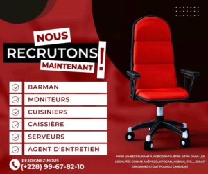 Un Bar recrute ; Barman, moniteurs, cuisiniers, caissière, serveurs, agent d'entretien