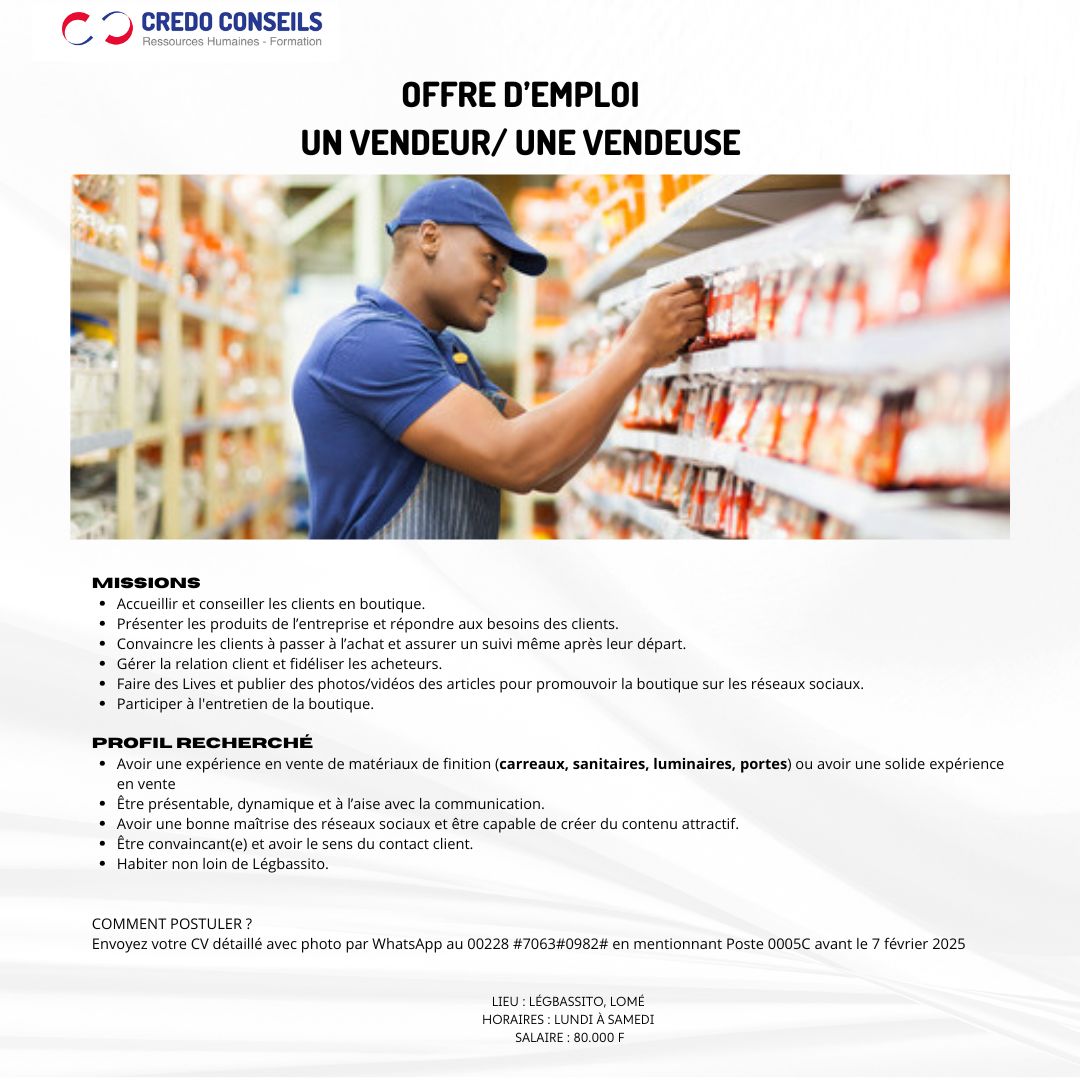 Une structure recrute un.e Vendeur/Vendeuse