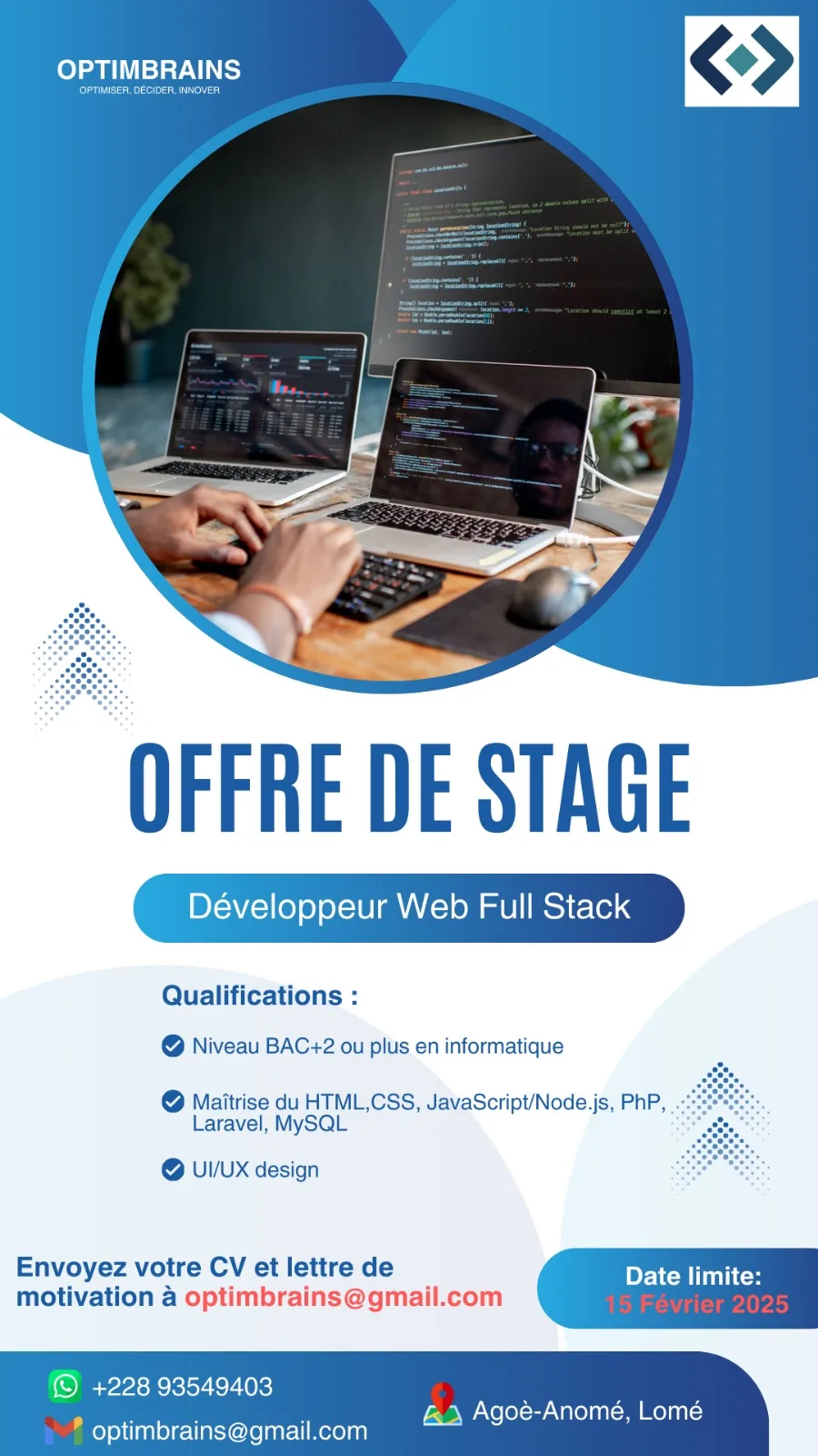 Une entreprise de la place recrute un Développeur Web Full Stack (stage)