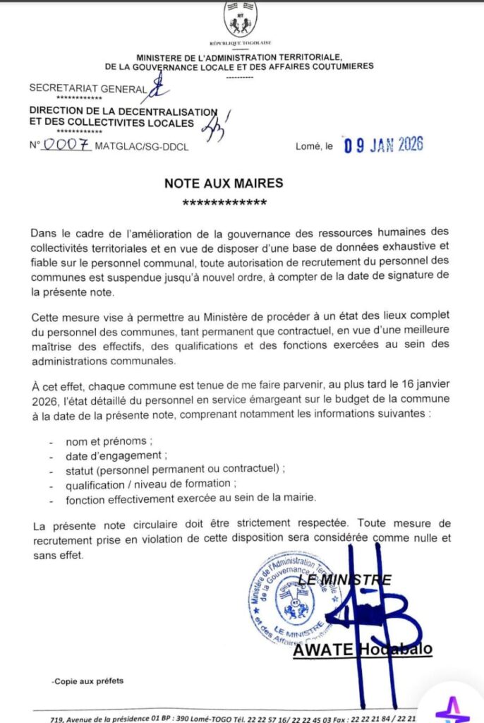 Togo : Le gouvernement gèle les recrutements dans les communes 1 1000141769