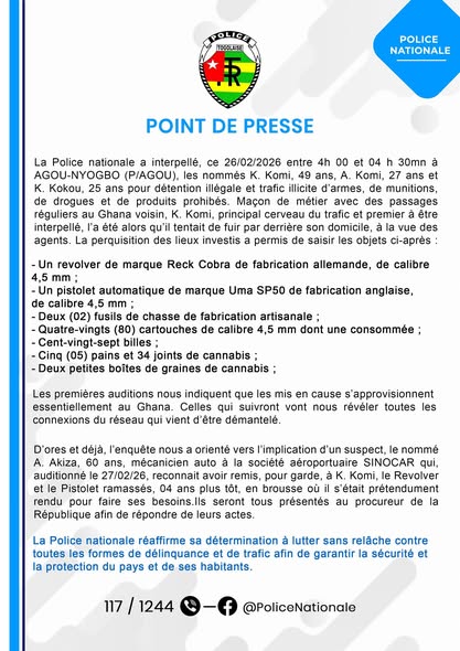 Togo : un réseau de trafic d’armes et de cannabis démantelé à Agou-Nyogbo